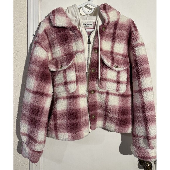 No Boundaries Women's Plaid Faux Sherpa Hoodie Shacket Size M - Picture 1 of 13